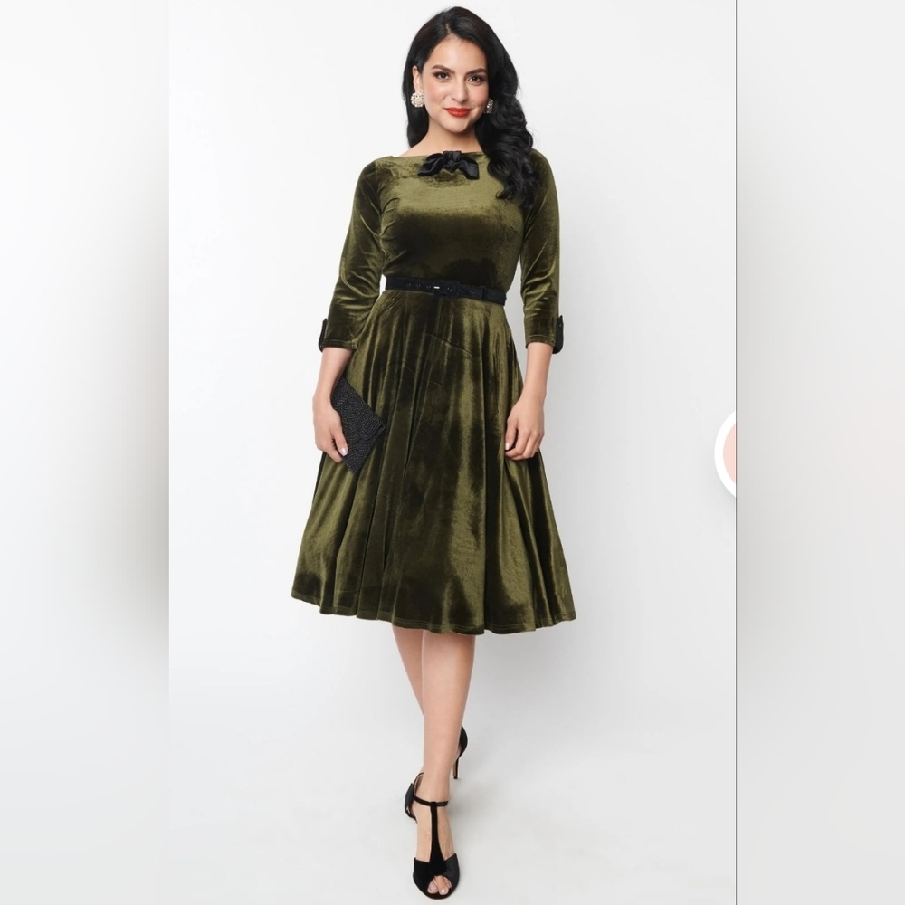 Unique Vintage Deep Olive Green Velvet Faux Bow Devon Swing Dress Sz 5x/26